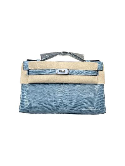 Hermes Kelly 5P Pochette Bubblegum Niloticus Lizard Leather Clutch Bag Light Blue 22CM 525255