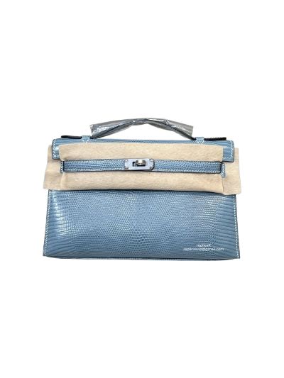 Hermes Kelly 5P Pochette Bubblegum Niloticus Lizard Leather Clutch Bag Light Blue 22CM 525256