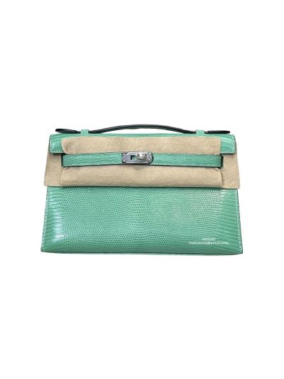 Hermes Kelly 5P Pochette Bubblegum Niloticus Lizard Leather Clutch Bag Light Green 22CM 525236