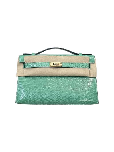 Hermes Kelly 5P Pochette Bubblegum Niloticus Lizard Leather Clutch Bag Light Green 22CM 525237