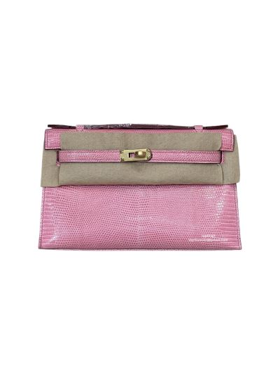 Hermes Kelly 5P Pochette Bubblegum Niloticus Lizard Leather Clutch Bag Light Pink 22CM 525243