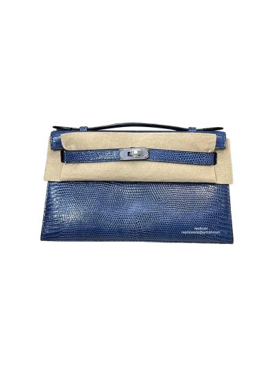 Hermes Kelly 5P Pochette Bubblegum Niloticus Lizard Leather Clutch Bag Navy Blue 22CM 525241