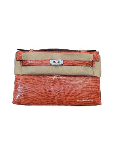Hermes Kelly 5P Pochette Bubblegum Niloticus Lizard Leather Clutch Bag Orange 22CM 525239