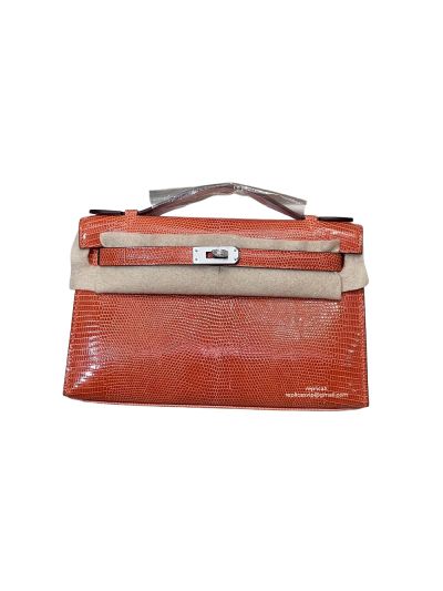 Hermes Kelly 5P Pochette Bubblegum Niloticus Lizard Leather Clutch Bag Orange 22CM 525240