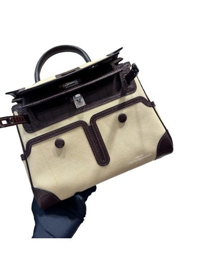 Hermes Kelly Cargo Top Handle Bag Canvas and Burgundy Crocodile Leather 28CM 525076