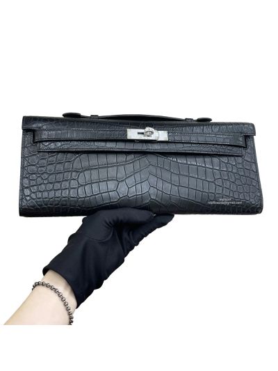 Hermes Kelly Cut Pochette Pouch Clutch Bag Black Niloticus Crocodile Leather 31CM 525272