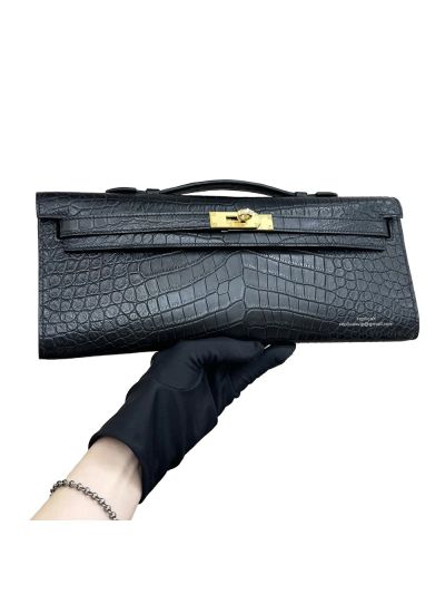 Hermes Kelly Cut Pochette Pouch Clutch Bag Black Niloticus Crocodile Leather 31CM 525273
