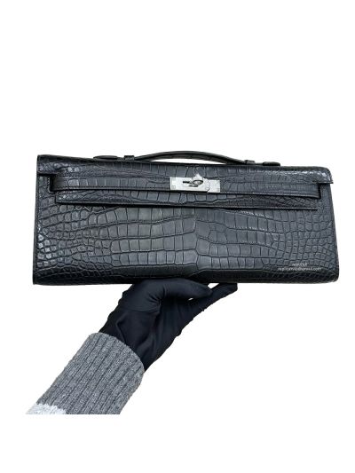 Hermes Kelly Cut Pochette Pouch Clutch Bag Black Niloticus Crocodile Leather 31CM 525274