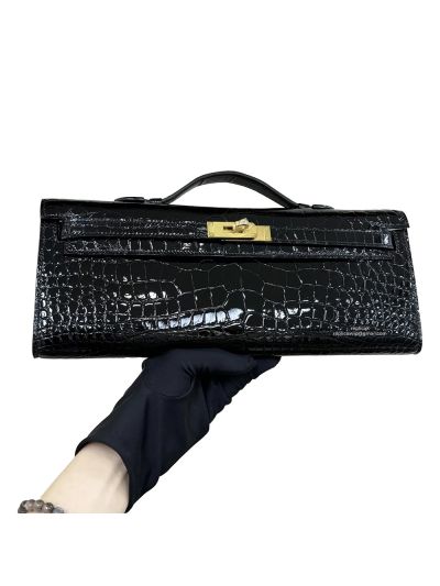 Hermes Kelly Cut Pochette Pouch Clutch Bag Black Shiny Niloticus Crocodile Leather 31CM 525269