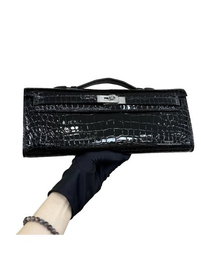 Hermes Kelly Cut Pochette Pouch Clutch Bag Black Shiny Niloticus Crocodile Leather 31CM 525270