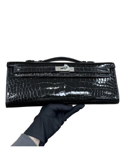Hermes Kelly Cut Pochette Pouch Clutch Bag Black Shiny Niloticus Crocodile Leather 31CM 525271
