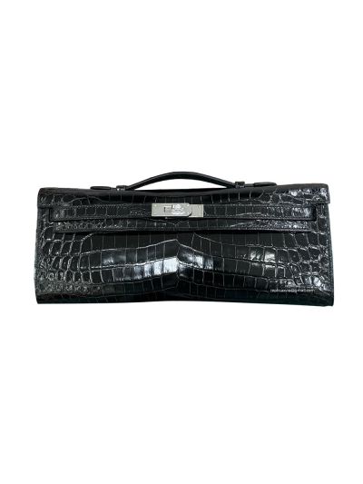 Hermes Kelly Cut Pochette Pouch Clutch Bag Black Shiny Niloticus Crocodile Leather 31CM 525284