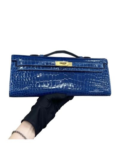 Hermes Kelly Cut Pochette Pouch Clutch Bag Blue Shiny Niloticus Crocodile Leather 31CM 525267