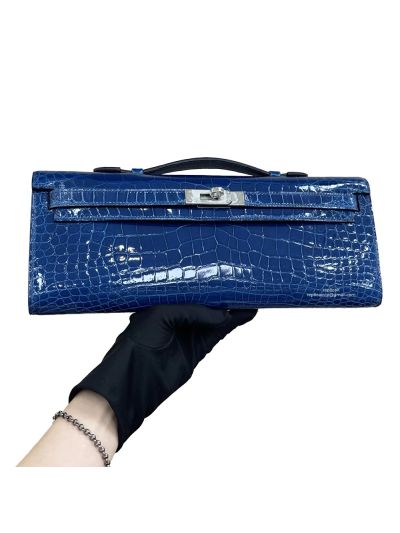 Hermes Kelly Cut Pochette Pouch Clutch Bag Blue Shiny Niloticus Crocodile Leather 31CM 525268