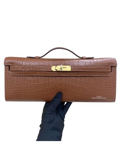 Hermes Kelly Cut Pochette Pouch Clutch Bag Brown Niloticus Crocodile Leather 31CM 525283