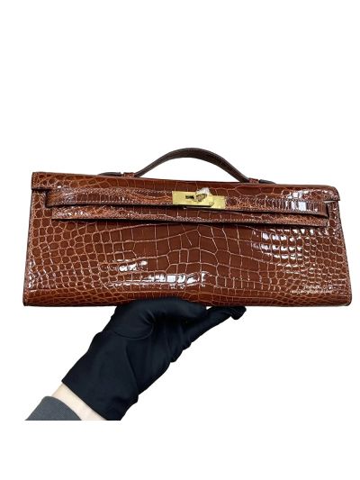 Hermes Kelly Cut Pochette Pouch Clutch Bag Brown Shiny Niloticus Crocodile Leather 31CM 525266