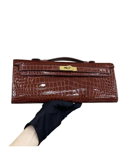 Hermes Kelly Cut Pochette Pouch Clutch Bag Burgundy Shiny Niloticus Crocodile Leather 31CM 525264