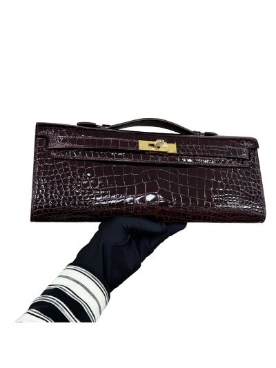 Hermes Kelly Cut Pochette Pouch Clutch Bag Burgundy Shiny Niloticus Crocodile Leather 31CM 525265