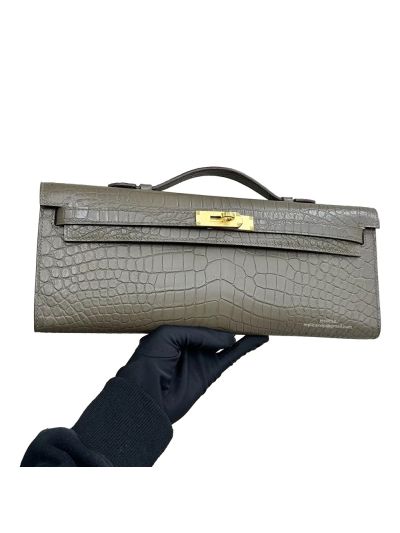 Hermes Kelly Cut Pochette Pouch Clutch Bag Dark Green Niloticus Crocodile Leather 31CM 525282
