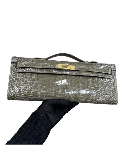 Hermes Kelly Cut Pochette Pouch Clutch Bag Gray Shiny Niloticus Crocodile Leather 31CM 525280