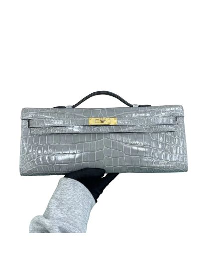 Hermes Kelly Cut Pochette Pouch Clutch Bag Gray Shiny Niloticus Crocodile Leather 31CM 525281