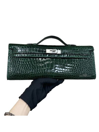 Hermes Kelly Cut Pochette Pouch Clutch Bag Green Shiny Niloticus Crocodile Leather 31CM 525262
