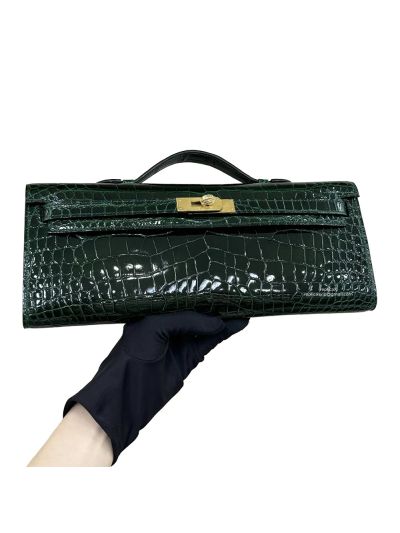 Hermes Kelly Cut Pochette Pouch Clutch Bag Green Shiny Niloticus Crocodile Leather 31CM 525263