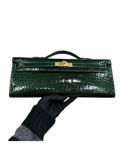 Hermes Kelly Cut Pochette Pouch Clutch Bag Green Shiny Niloticus Crocodile Leather 31CM 525279