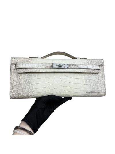 Hermes Kelly Cut Pochette Pouch Clutch Bag Latte White Niloticus Crocodile Leather 31CM 525278