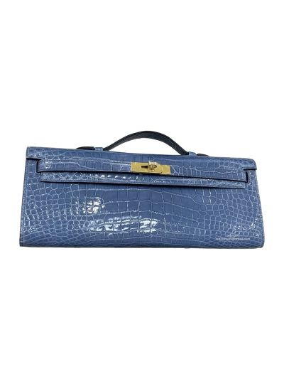 Hermes Kelly Cut Pochette Pouch Clutch Bag Light Blue Shiny Niloticus Crocodile Leather 31CM 525260