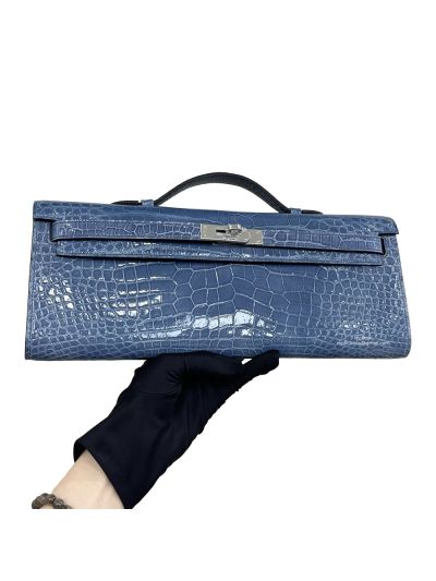 Hermes Kelly Cut Pochette Pouch Clutch Bag Light Blue Shiny Niloticus Crocodile Leather 31CM 525261
