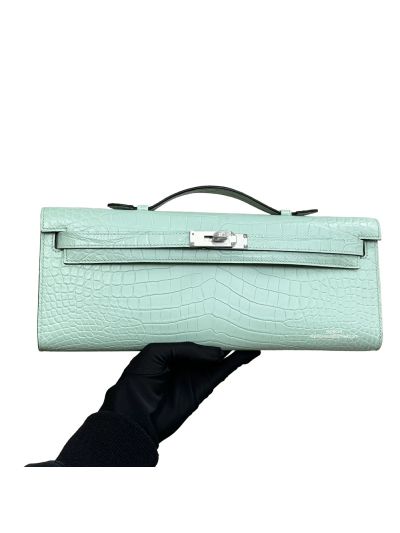 Hermes Kelly Cut Pochette Pouch Clutch Bag Light Green Niloticus Crocodile Leather 31CM 525277