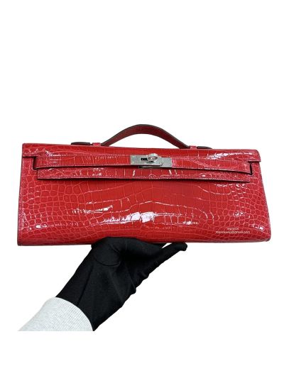 Hermes Kelly Cut Pochette Pouch Clutch Bag Red Shiny Niloticus Crocodile Leather 31CM 525276