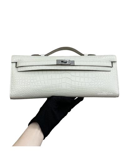 Hermes Kelly Cut Pochette Pouch Clutch Bag White Niloticus Crocodile Leather 31CM 525275