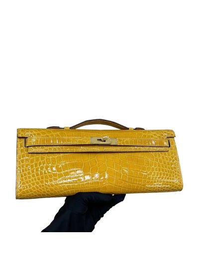 Hermes Kelly Cut Pochette Pouch Clutch Bag Yellow Shiny Niloticus Crocodile Leather 31CM 525258