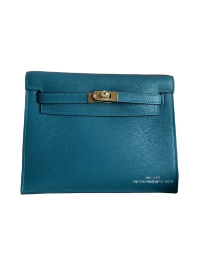 Hermes Kelly Danse II Belt Bag Blue Evercolor Gold 22CM 522599