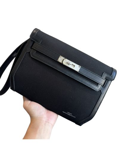 Hermes Kelly Depeches 25 Pouch Bag Black Canvas and Calfskin Leather 25CM 524086