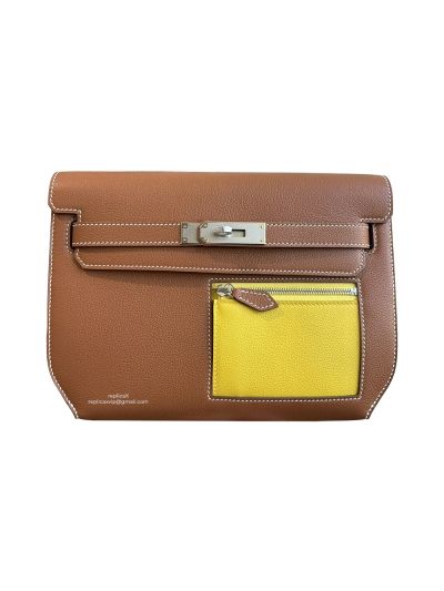 Hermes Kelly Depeches 25 Pouch Bag Brown Yellow Togo Calfskin Leather 25CM 524098