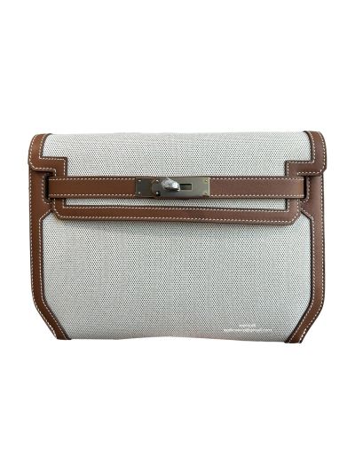 Hermes Kelly Depeches 25 Pouch Bag Canvas and Brown Calfskin Leather 25CM 524097