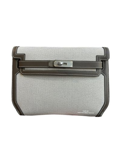 Hermes Kelly Depeches 25 Pouch Bag Canvas and Gray Calfskin Leather 25CM 524096