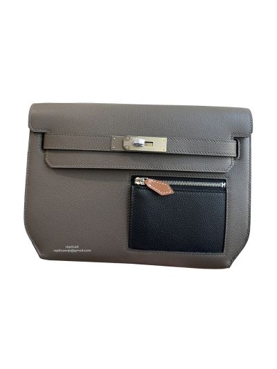 Hermes Kelly Depeches 25 Pouch Bag Gray Black Togo Calfskin Leather 25CM 524103