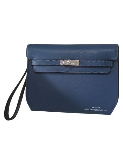 Hermes Kelly Depeches 25 Pouch Bag Hand Stitching Blue Calfskin 522538