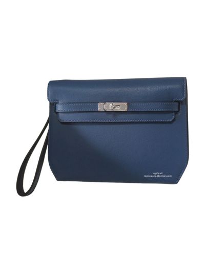 Hermes Kelly Depeches 25 Pouch Bag with Hand Stitching Blue Calfskin 524105