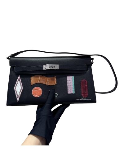Hermes Kelly Elan Broderie Black Bet Tab Swift Crocodile Shoulder Bag Black- 524933