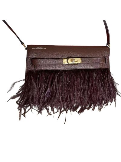 Hermes Kelly Elan Pochette Shoulder Strap Bag with Ostrich Feathers Brown 524020