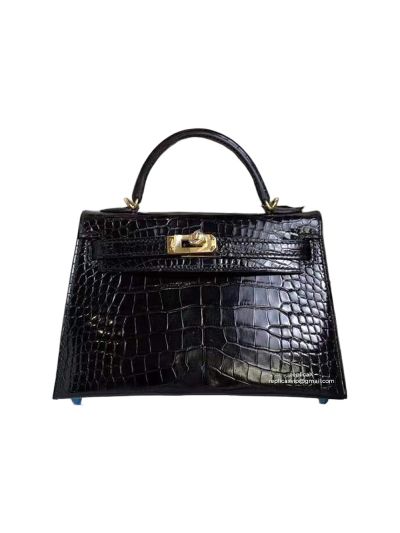 Hermes Kelly Hermes Vip Mini Kelly 19 Top Handle Bag Black Shiny Crocodile Alligator 522630