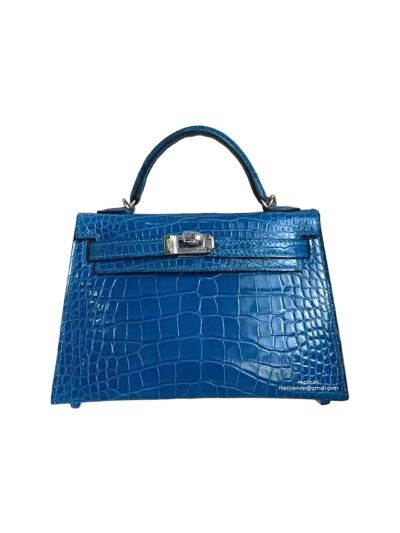 Hermes Kelly Hermes Vip Mini Kelly 19 Top Handle Bag Blue Shiny Crocodile Alligator 522633