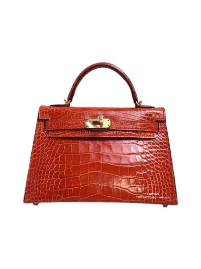 Hermes Kelly Hermes Vip Mini Kelly 19 Top Handle Bag Orange Shiny Crocodile Alligator 524197