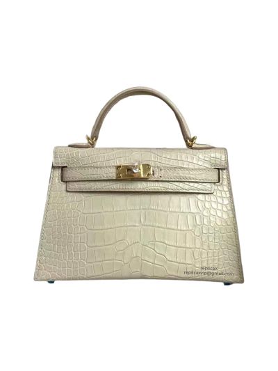 Hermes Kelly Hermes Vip Mini Kelly 19 Top Handle Bag White Crocodile Alligator 522635