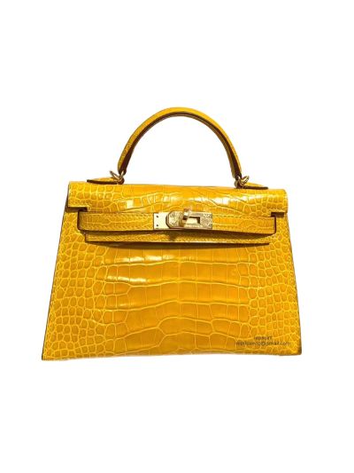 Hermes Kelly Hermes Vip Mini Kelly 19 Top Handle Bag Yellow Shiny Crocodile Alligator 522634